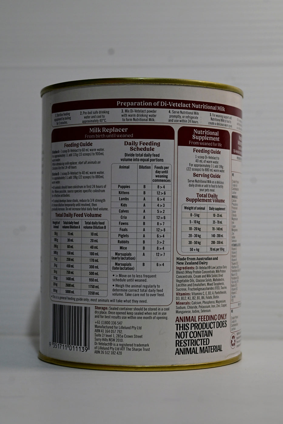 Di-vetelact Originaldv Low Lactose Milk Supplement For Animals (375g Tin) | For Dogs/cats/horses