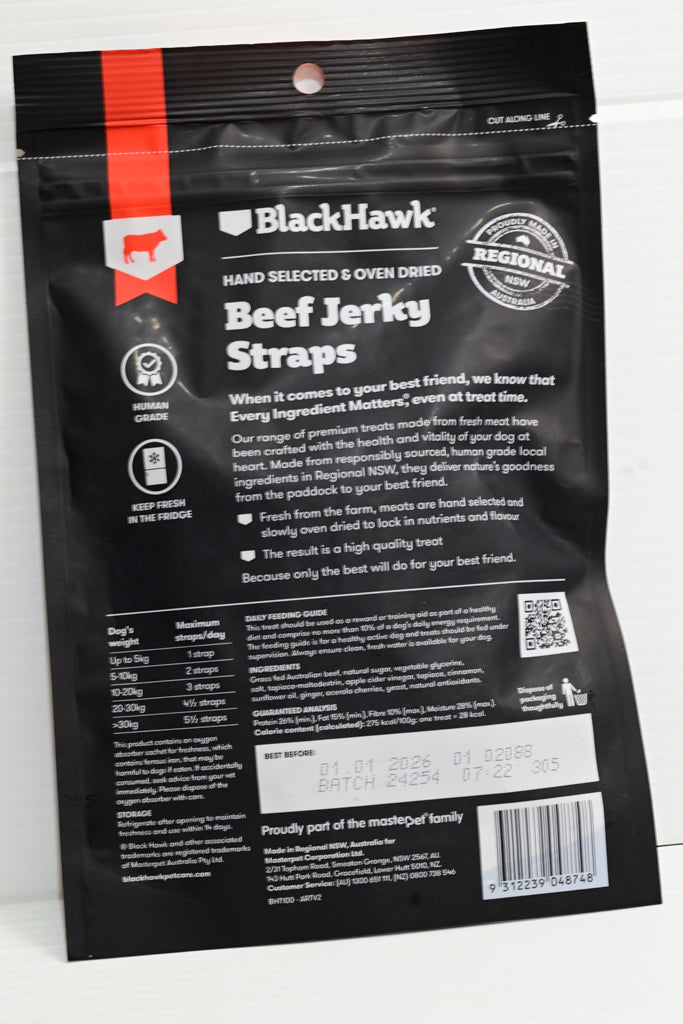 Black Hawk Dog Treats Beef Jerky Straps 100g